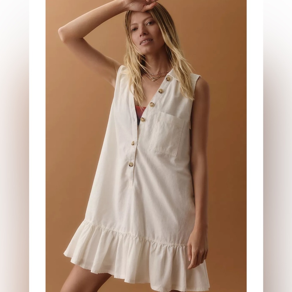 Pilcro Sleeveless V-Neck Linen Flounce Mini Dress